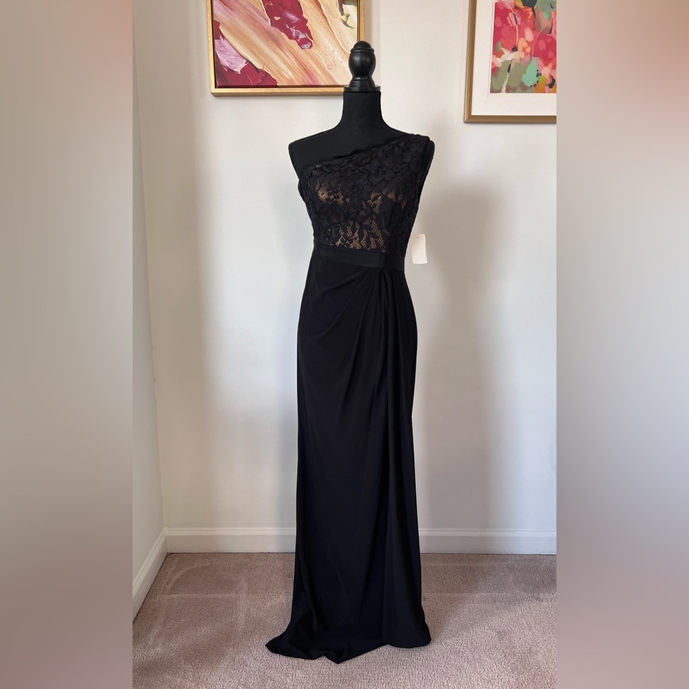 Adrianna Papell Gold and Black One Shoulder Dress